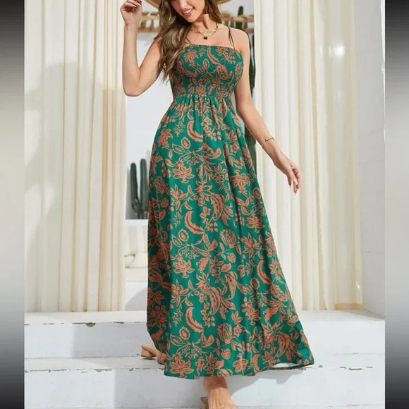 Boho Floral Print Smocked Bodice Cami Maxi Dress Green - Picture 3 of 6